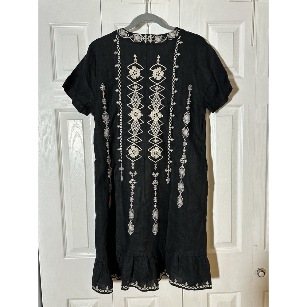 Johnny Was Taria Linen V-Neck Tunic Dress Women S Black Embroidered Boho - Picture 8 of 8